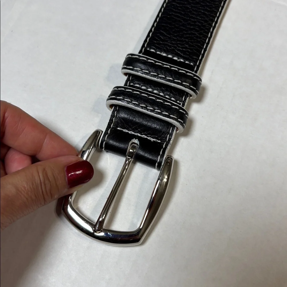 Bobby Jones Men's Black Leather Belt w White Stitching. USA,Italian Brass Buckle